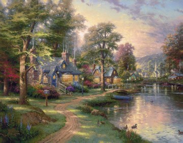 350 人の有名アーティストによるアート作品 Painting - 故郷 トーマス・キンケード湖